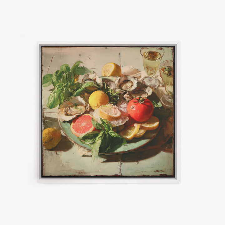 Oyster Platter with Lemons and Champagne Canvas Print, Restaurant Art, Wall Decor, Restaurant Decor, Fine Art, Bistro, RES-1x1-99