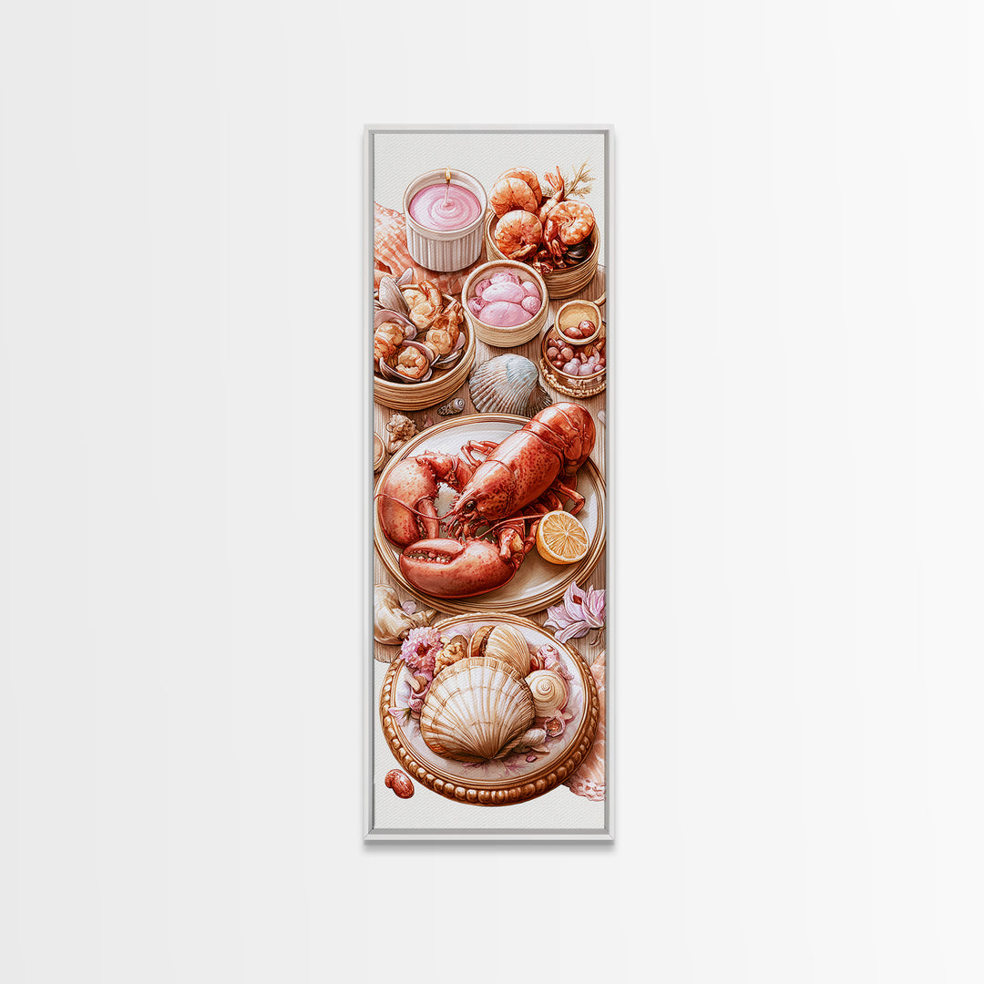 Seafood Lobster and Shell Arrangement Framed Canvas Print, Restaurant Art, Poster, Restaurant Decor, Fine Art, Bistro, RES-1x3-20