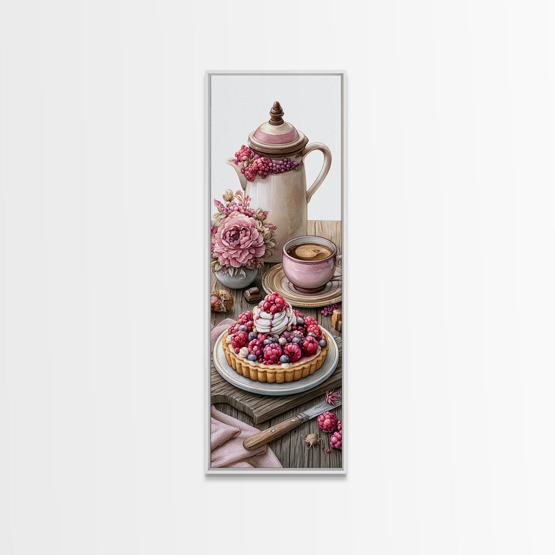 Dessert Tart with Berries and Cream Framed Canvas Print, Restaurant Art, Watercolor Painting, Restaurant Decor, Oil Painting, RES-1x3-76