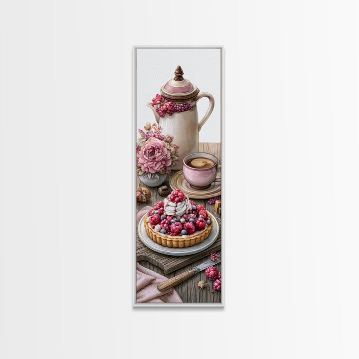 Dessert Tart with Berries and Cream Framed Canvas Print, Restaurant Art, Watercolor Painting, Restaurant Decor, Oil Painting, RES-1x3-76