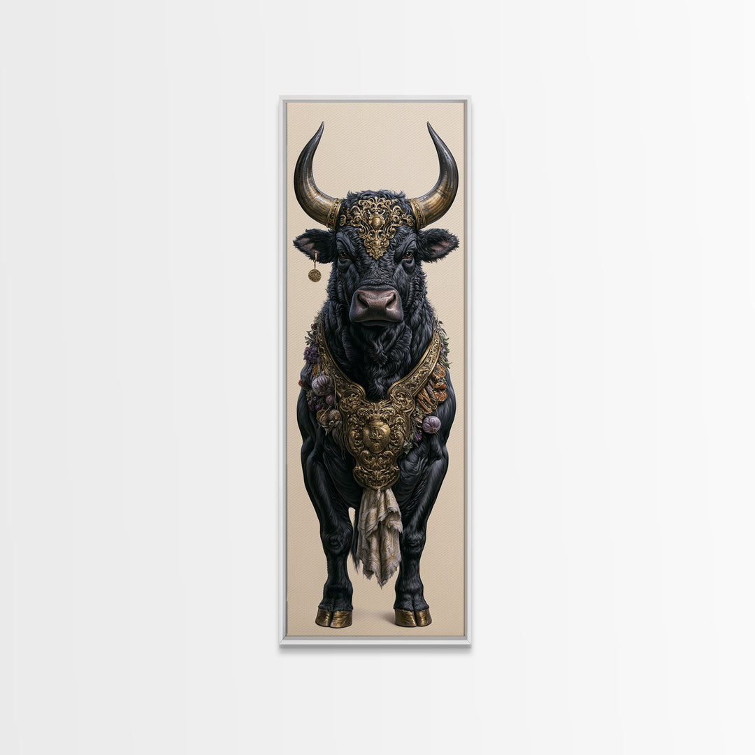 Steakhouse Black and Gold Bull Portrait Framed Canvas Print, Restaurant Art, Boho Decor, Restaurant Decor, Fine Art, Bistro, RES-1x3-91