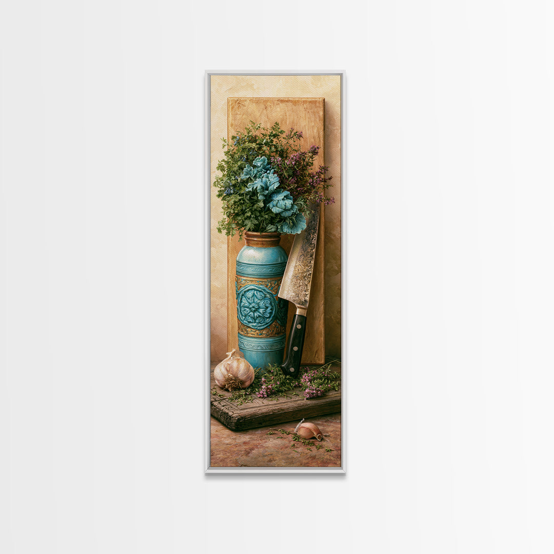 Chef Knife Herbs and Cutting Board Still Canvas Print, Restaurant Art, Boho Decor, Restaurant Decor, Oil Painting, Bistro, RES-1x3-97
