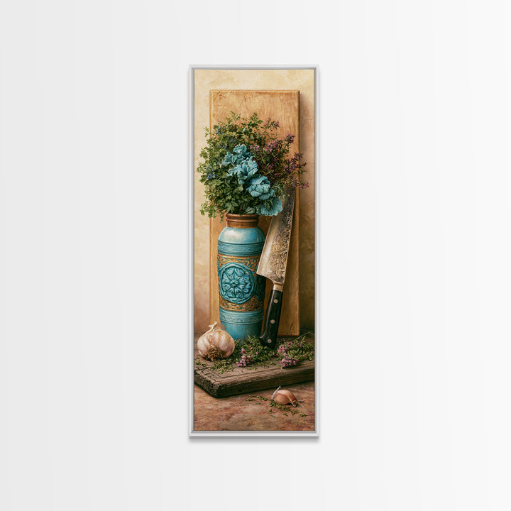Chef Knife Herbs and Cutting Board Still Canvas Print, Restaurant Art, Boho Decor, Restaurant Decor, Oil Painting, Bistro, RES-1x3-97