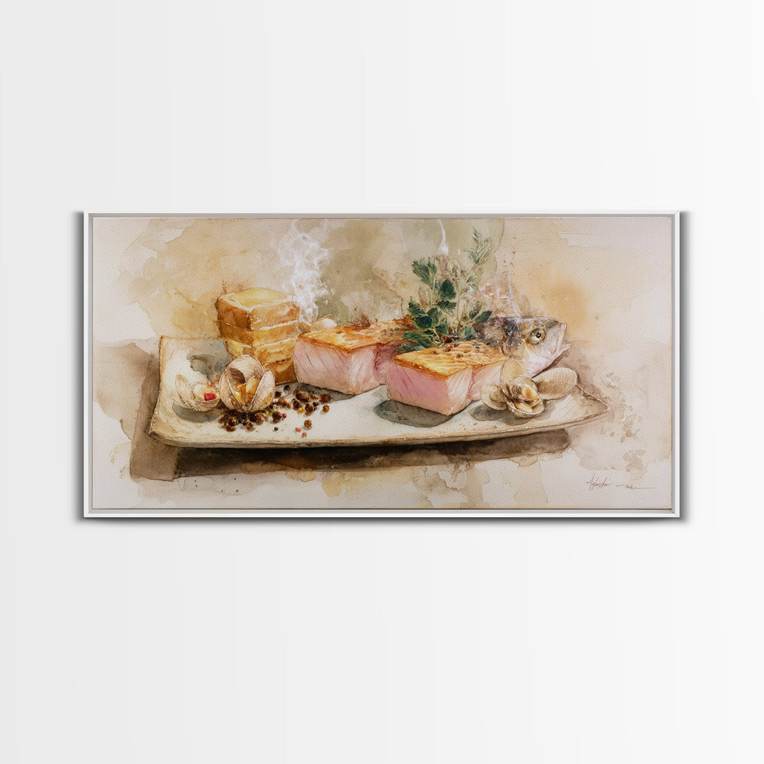 Sushi Fish and Ceramic Plate Composition Framed Canvas Print, Restaurant Art, Large Wall Art, Restaurant Decor, Bistro, RES-2x1-1