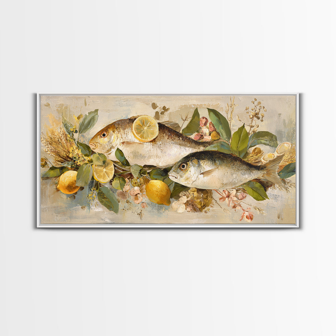 Fresh Fish with Lemon and Herbs Framed Canvas Print, Restaurant Art, Cool Wall Art, Restaurant Decor, Fine Art, Bistro, RES-2x1-19