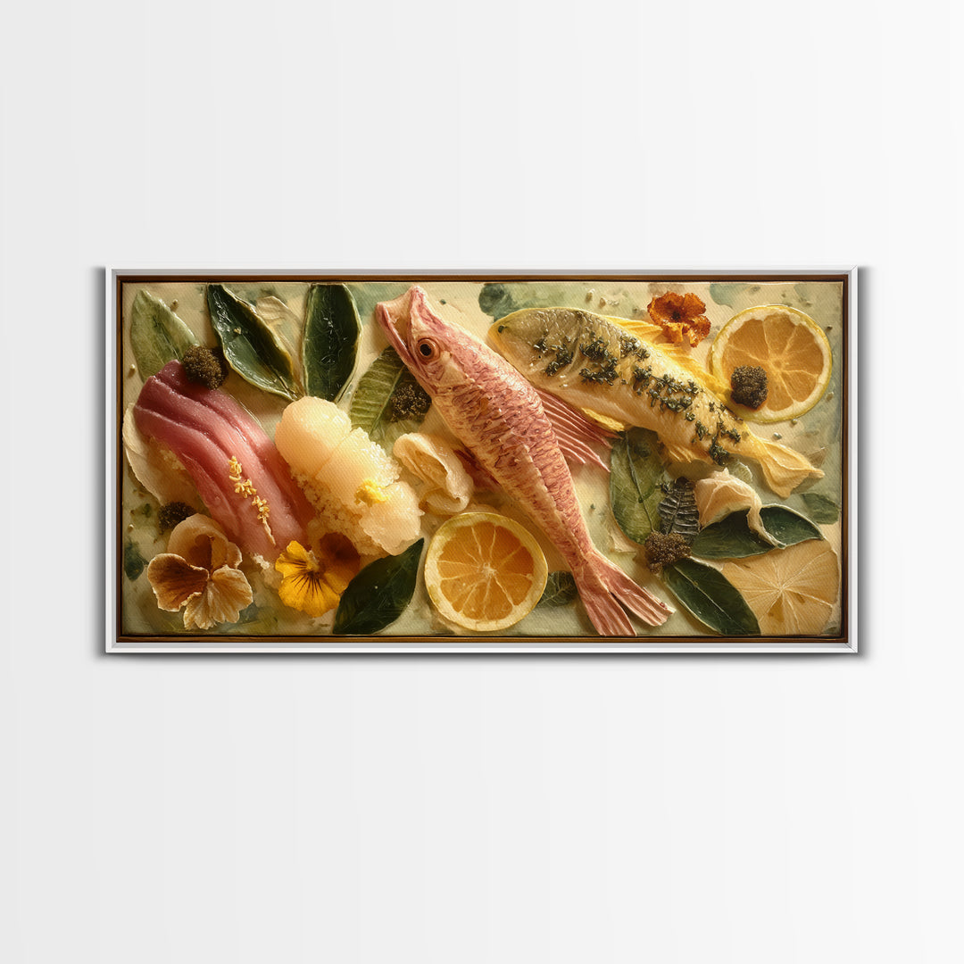Sushi Fish and Ceramic Plate Composition Framed Canvas Print, Restaurant Art, Large Wall Art, Restaurant Decor, Bistro, RES-2x1-25
