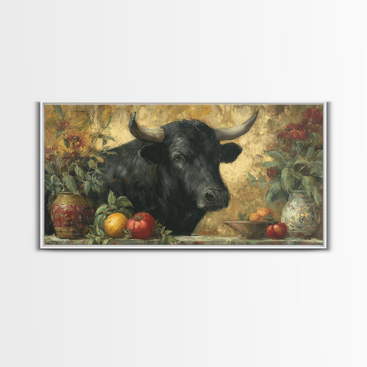 Steakhouse Black and Gold Bull Portrait Framed Canvas Print, Restaurant Art, Boho Decor, Restaurant Decor, Fine Art, Bistro, RES-2x1-27