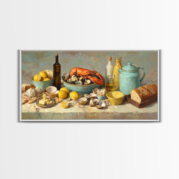 Seafood Lobster and Shell Arrangement Framed Canvas Print, Restaurant Art, Contemporary Art, Restaurant Decor, Fine Art, Bistro, RES-2x1-28