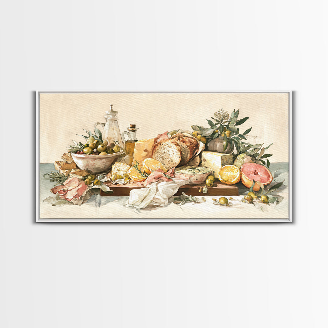 Mediterranean Olives Bread and Cheese Board Canvas Print, Restaurant Art, Framed Wall Art, Restaurant Decor, Bistro, Food Art, RES-2x1-29