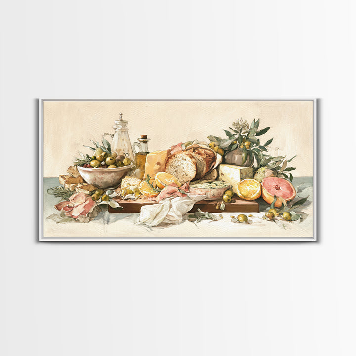 Mediterranean Olives Bread and Cheese Board Canvas Print, Restaurant Art, Framed Wall Art, Restaurant Decor, Bistro, Food Art, RES-2x1-29