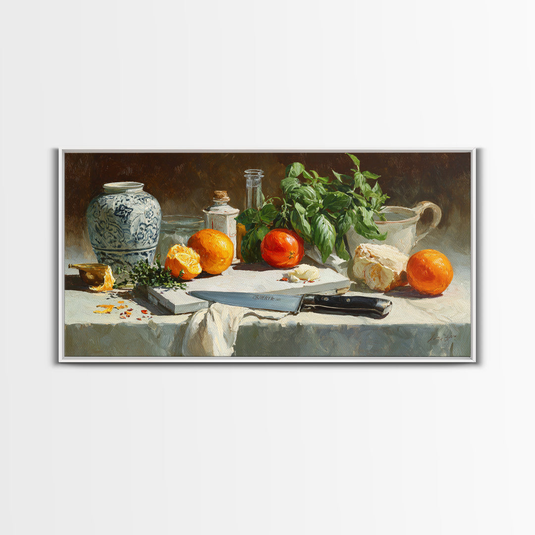Chef Knife Herbs and Cutting Board Still Framed Canvas Print, Restaurant Art, Art Print, Restaurant Decor, Fine Art, Bistro, RES-2x1-33