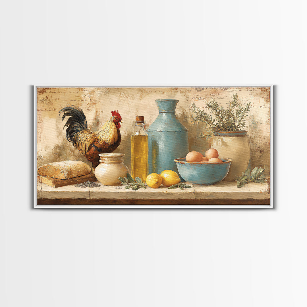 Rooster and Herbs for Farmhouse Restaurant Mood Framed Canvas Print, Restaurant Art, Poster, Restaurant Decor, Fine Art, Bistro, RES-2x1-40