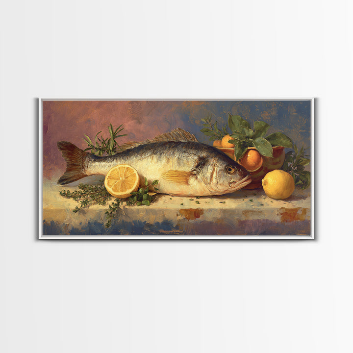 Fresh Fish with Lemon and Herbs Framed Canvas Print, Restaurant Art, Large Wall Art, Restaurant Decor, Fine Art, Bistro, RES-2x1-43