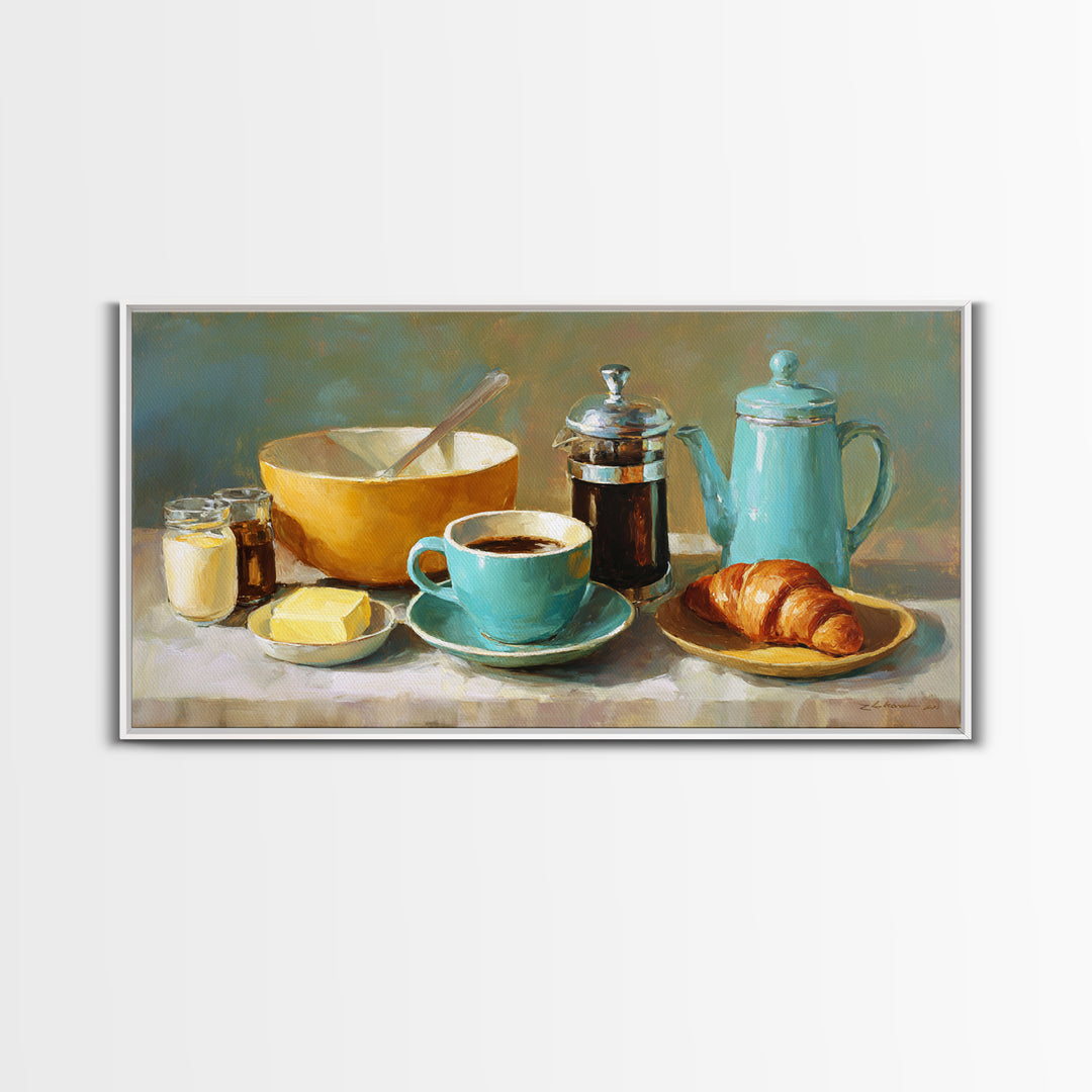 French Bistro Coffee and Croissant Still Life Framed Canvas Print, Restaurant Art, Wall Decor, Restaurant Decor, Bistro, RES-2x1-50