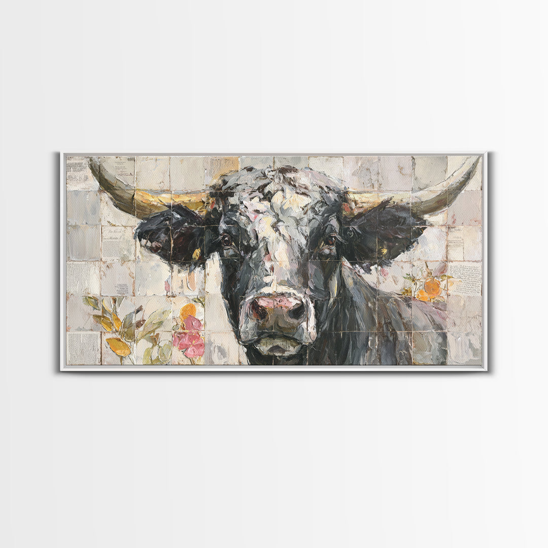 Steakhouse Black and Gold Bull Portrait Framed Canvas Print, Restaurant Art, Farmhouse Decor, Restaurant Decor, Bistro, RES-2x1-51
