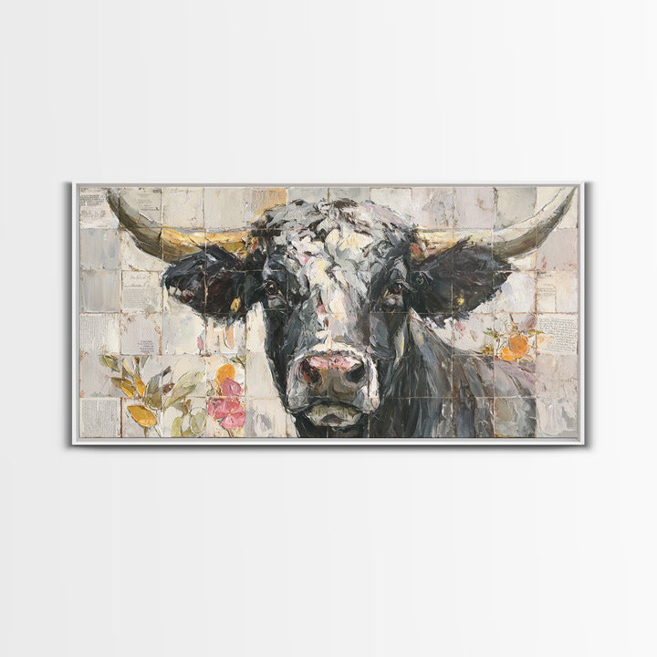 Steakhouse Black and Gold Bull Portrait Framed Canvas Print, Restaurant Art, Farmhouse Decor, Restaurant Decor, Bistro, RES-2x1-51