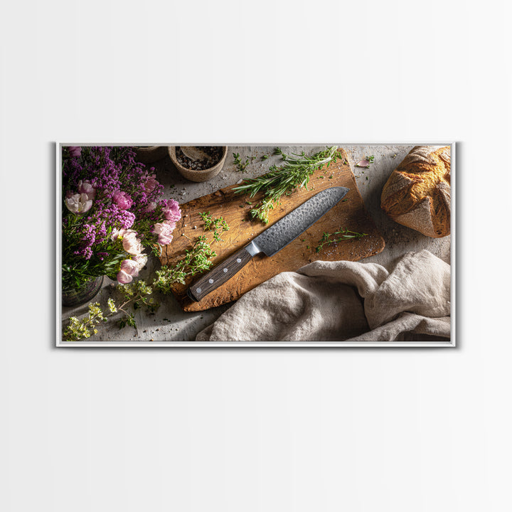 Chef Knife Herbs and Cutting Board Still Canvas Print, Restaurant Art, Canvas Wall Art, Restaurant Decor, Fine Art, Bistro, RES-2x1-57