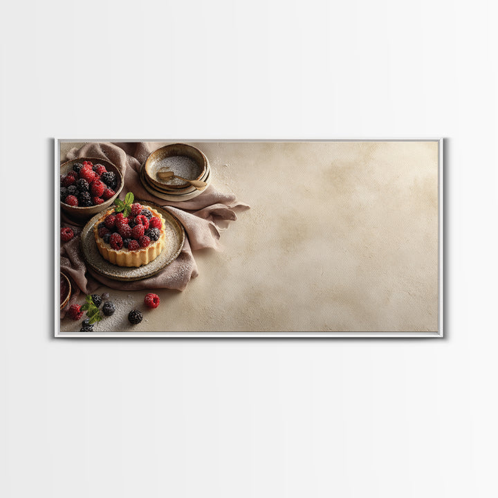Dessert Tart with Berries and Cream Framed Canvas Print, Restaurant Art, Restaurant Decor, Oil Painting, Bistro, RES-2x1-60