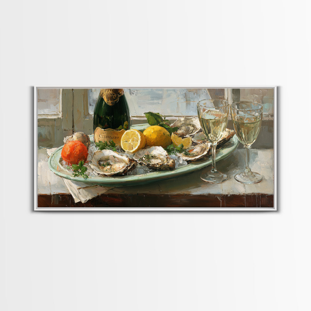 Oyster Platter with Lemons and Champagne Canvas Print, Restaurant Art, Watercolor Art, Restaurant Decor, Abstract Art, Bistro, RES-2x1-71