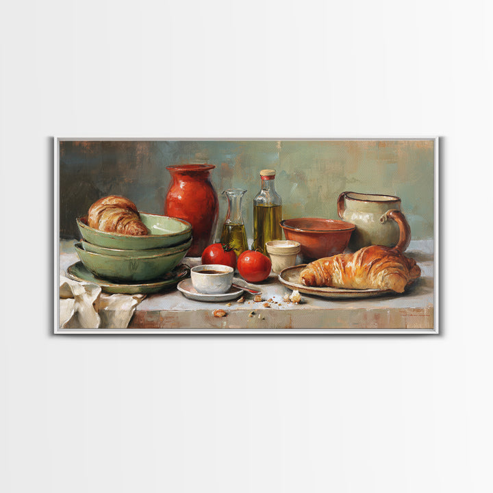 French Bistro Coffee and Croissant Still Life Canvas Print, Restaurant Art, Framed Wall Art, Restaurant Decor, Watercolor Art, RES-2x1-74