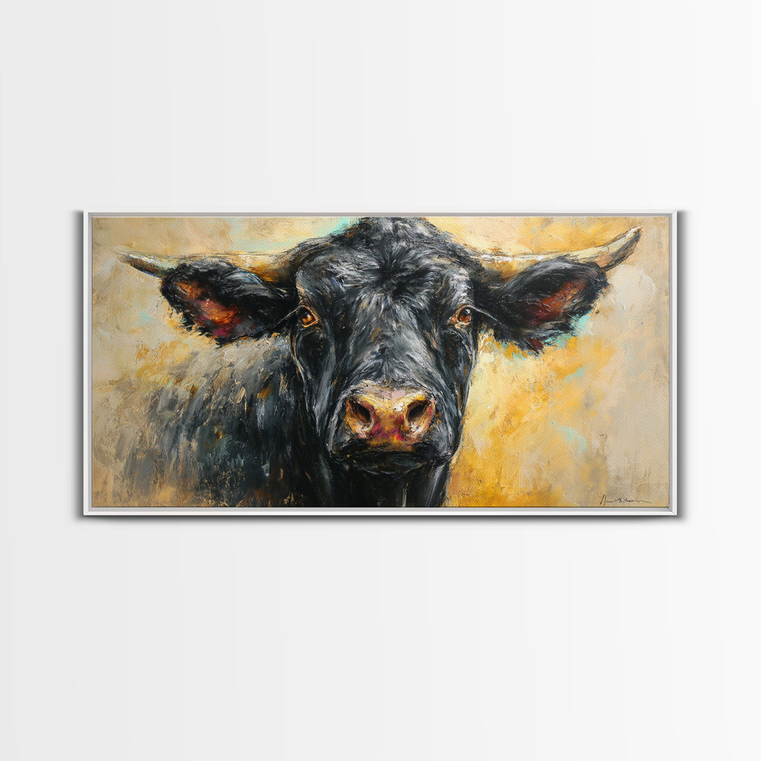 Steakhouse Black and Gold Bull Portrait Framed Canvas Print, Restaurant Art, Room Decor, Restaurant Decor, Oil Painting, Bistro, RES-2x1-75