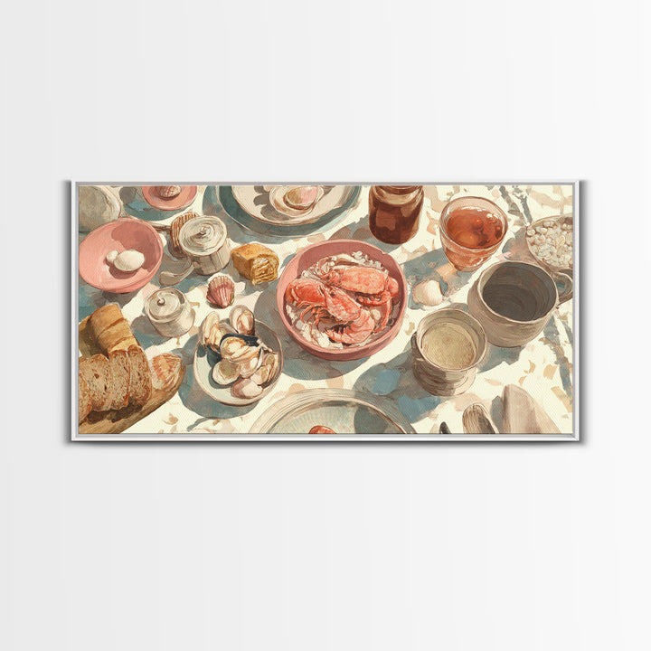 Seafood Lobster and Shell Arrangement Canvas Print, Restaurant Art, Kitchen Art, Restaurant Decor, Fine Art, Bistro, Food Art, RES-2x1-76