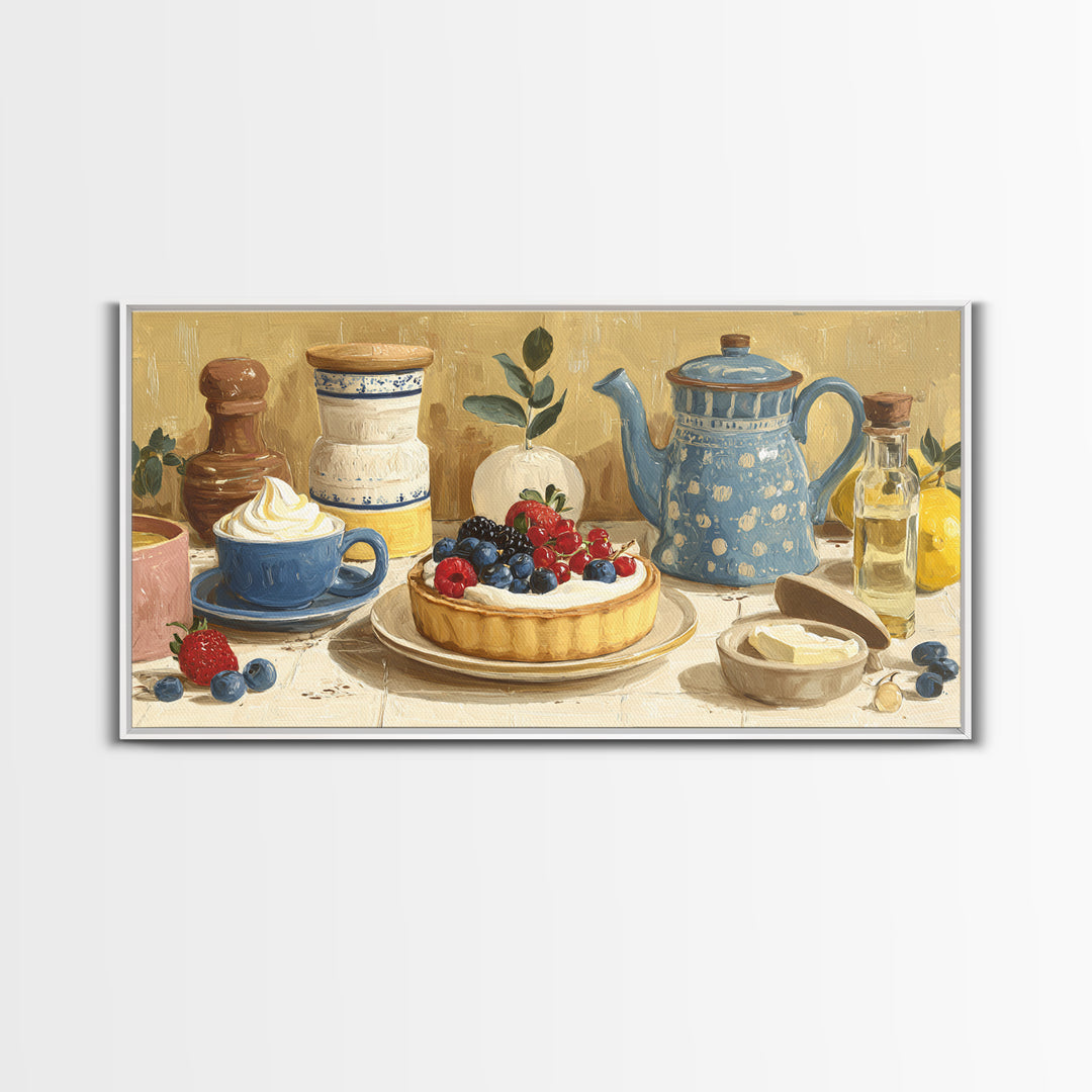 Dessert Tart with Berries and Cream Framed Canvas Print, Restaurant Art, Living Room Decor, Restaurant Decor, Fine Art, Bistro, RES-2x1-84