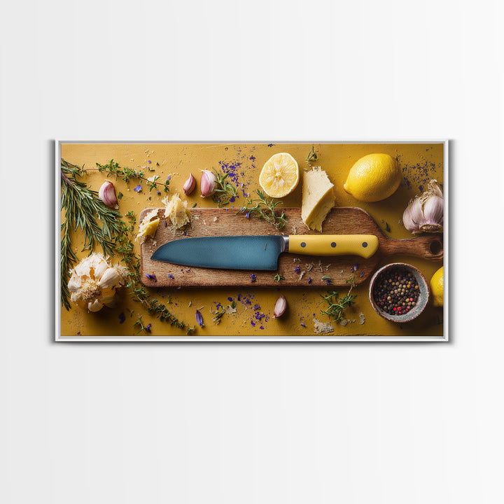 Chef Knife Herbs and Cutting Board Still Framed Canvas Print, Restaurant Art, Art Print, Restaurant Decor, Fine Art, Bistro, RES-2x1-9