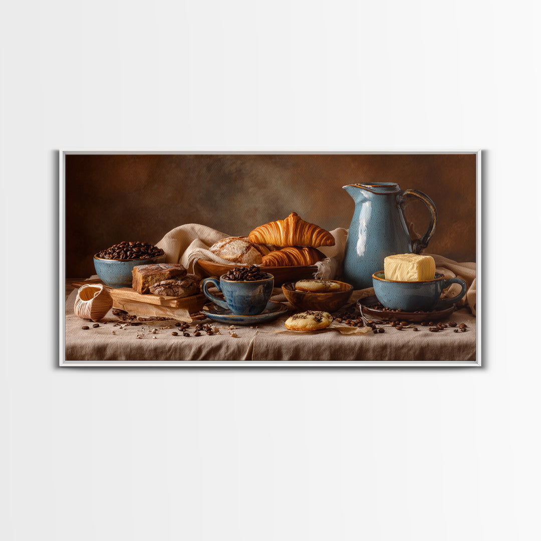 Coffee Beans and Pastry Arrangement Framed Canvas Print, Restaurant Art, Restaurant Decor, Oil Painting, Bistro, RES-2x1-90