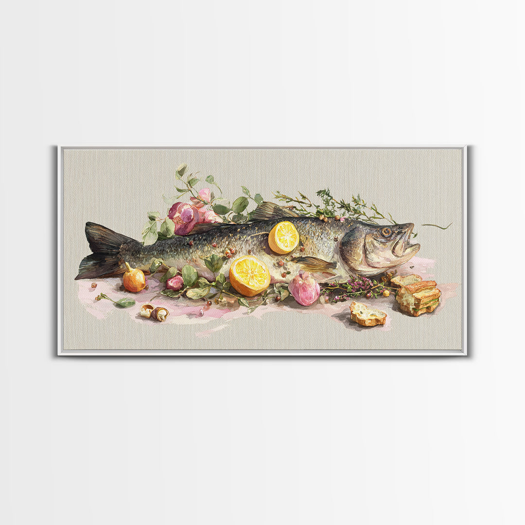 Fresh Fish with Lemon and Herbs Framed Canvas Print, Restaurant Art, Kitchen Decor, Restaurant Decor, Fine Art, Bistro, RES-2x1-91