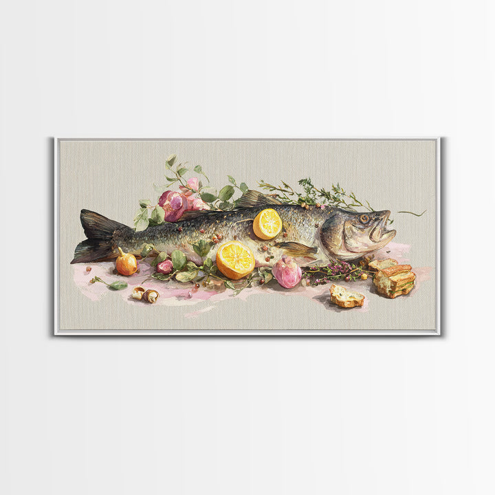 Fresh Fish with Lemon and Herbs Framed Canvas Print, Restaurant Art, Kitchen Decor, Restaurant Decor, Fine Art, Bistro, RES-2x1-91