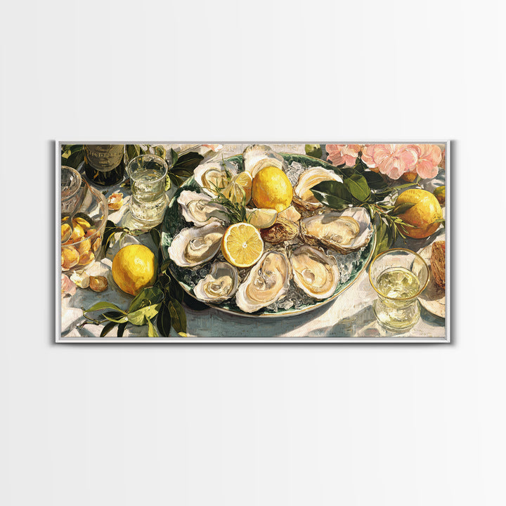 Oyster Platter with Lemons and Champagne Framed Canvas Print, Restaurant Art, Neutral Decor, Restaurant Decor, Fine Art, Bistro, RES-2x1-95