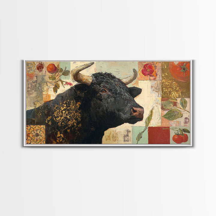 Steakhouse Black and Gold Bull Portrait Framed Canvas Print, Restaurant Art, Living Room Decor, Restaurant Decor, Bistro, RES-2x1-99