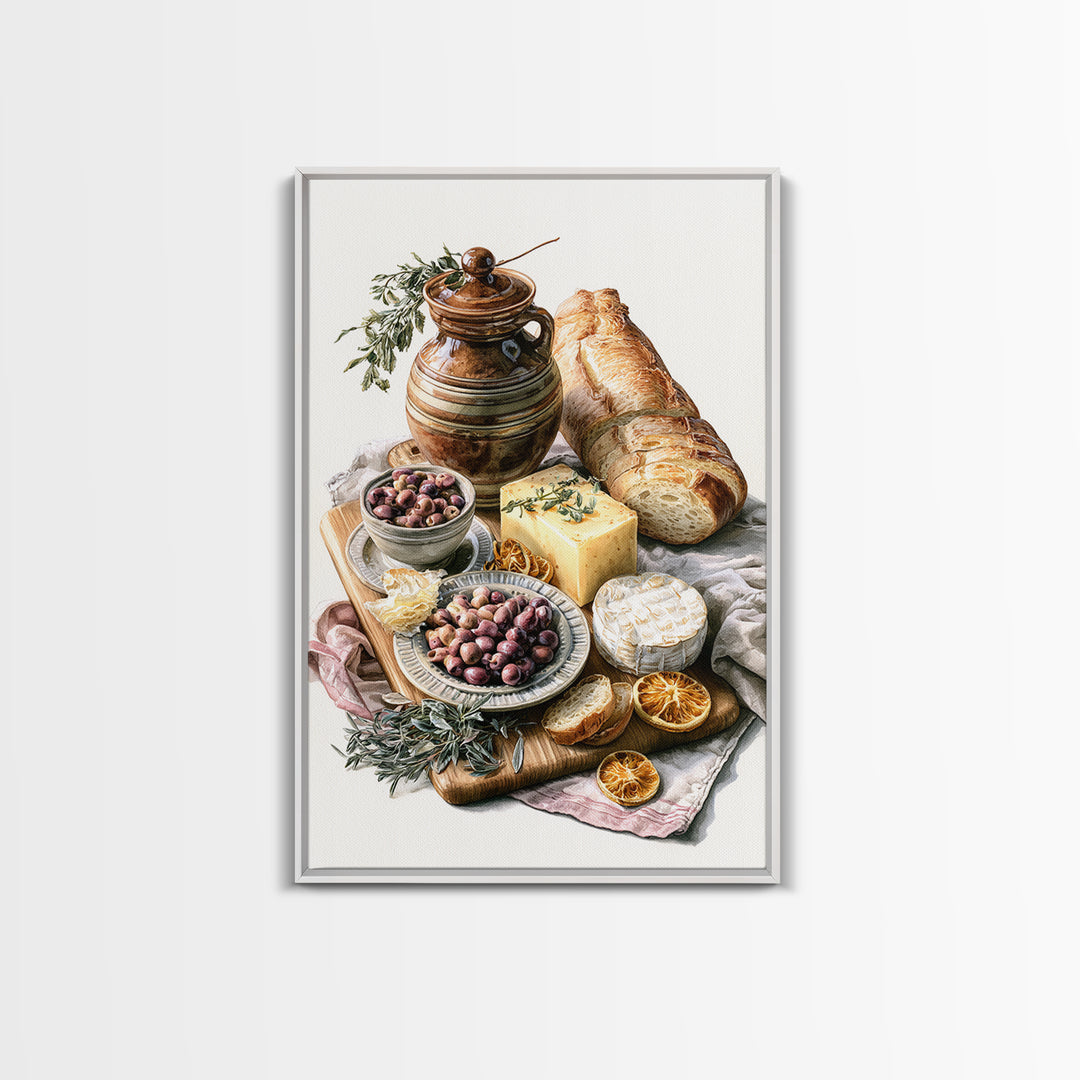 Mediterranean Olives Bread and Cheese Board Canvas Print, Restaurant Art, Kitchen Wall Art, Restaurant Decor, Bistro, RES-2x3-17