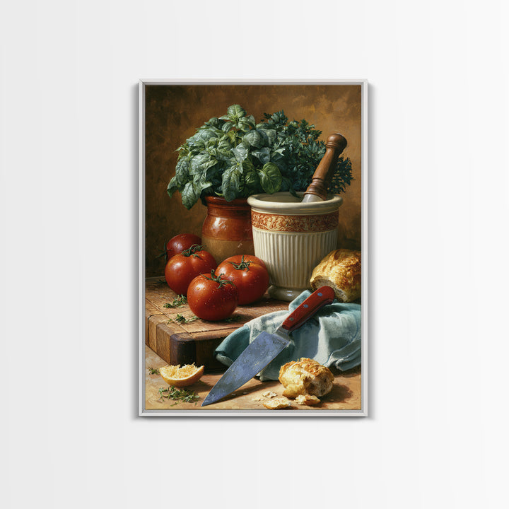 Chef Knife Herbs and Cutting Board Still Framed Canvas Print, Restaurant Art, Restaurant Decor, Oil Painting, Bistro, RES-2x3-21