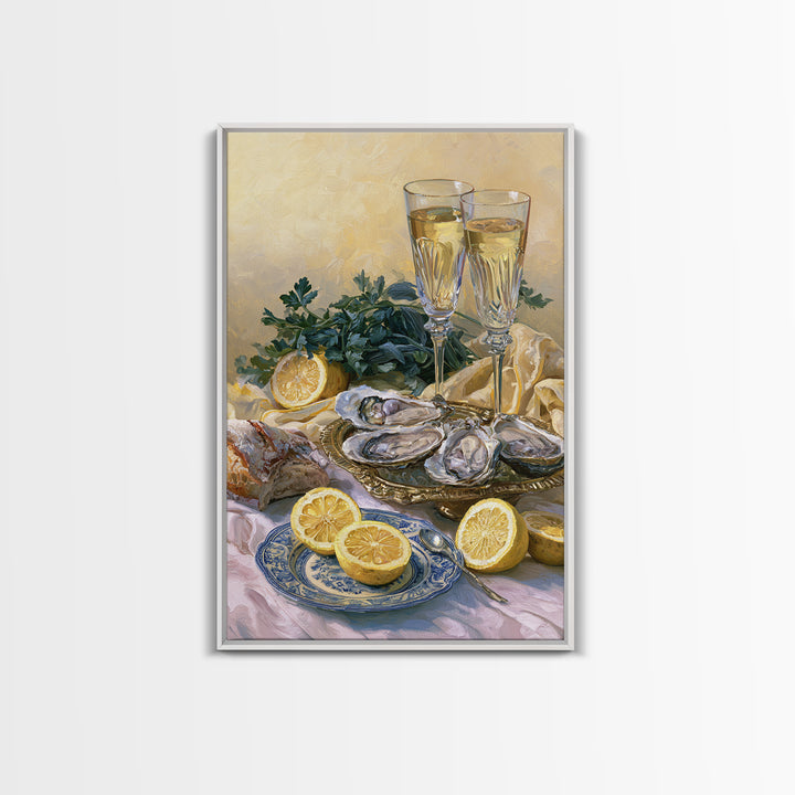 Oyster Platter with Lemons and Champagne Canvas Print, Restaurant Art, Framed Wall Art, Restaurant Decor, Watercolor Art, RES-2x3-35