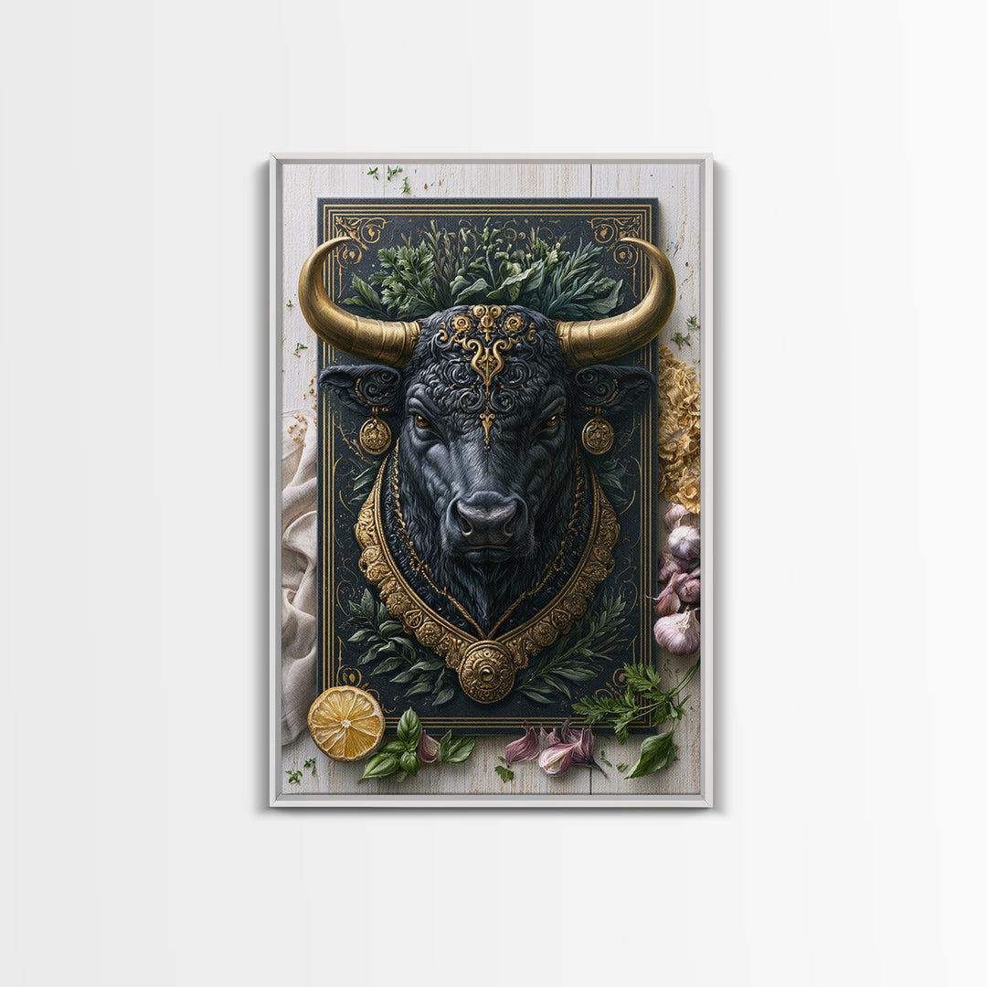 Steakhouse Black and Gold Bull Portrait Canvas Print, Restaurant Art, Canvas Wall Art, Restaurant Decor, Oil Painting, Bistro, RES-2x3-39