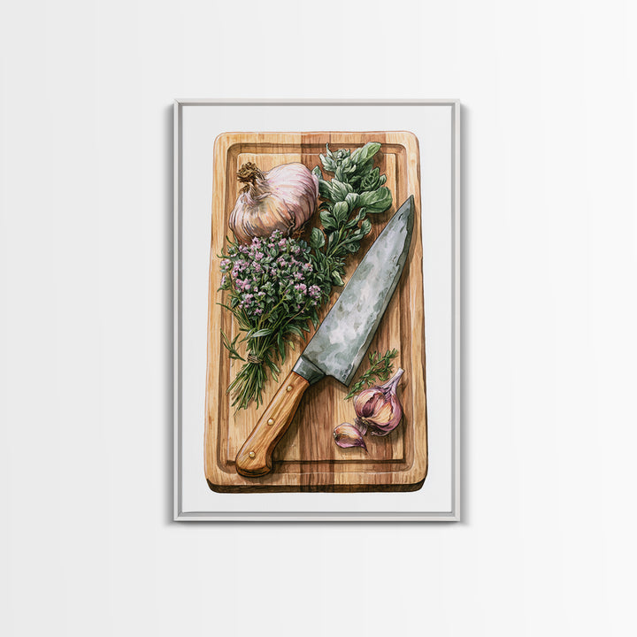 Chef Knife Herbs and Cutting Board Still Canvas Print, Restaurant Art, Digital Print, Restaurant Decor, Fine Art, Bistro, RES-2x3-45