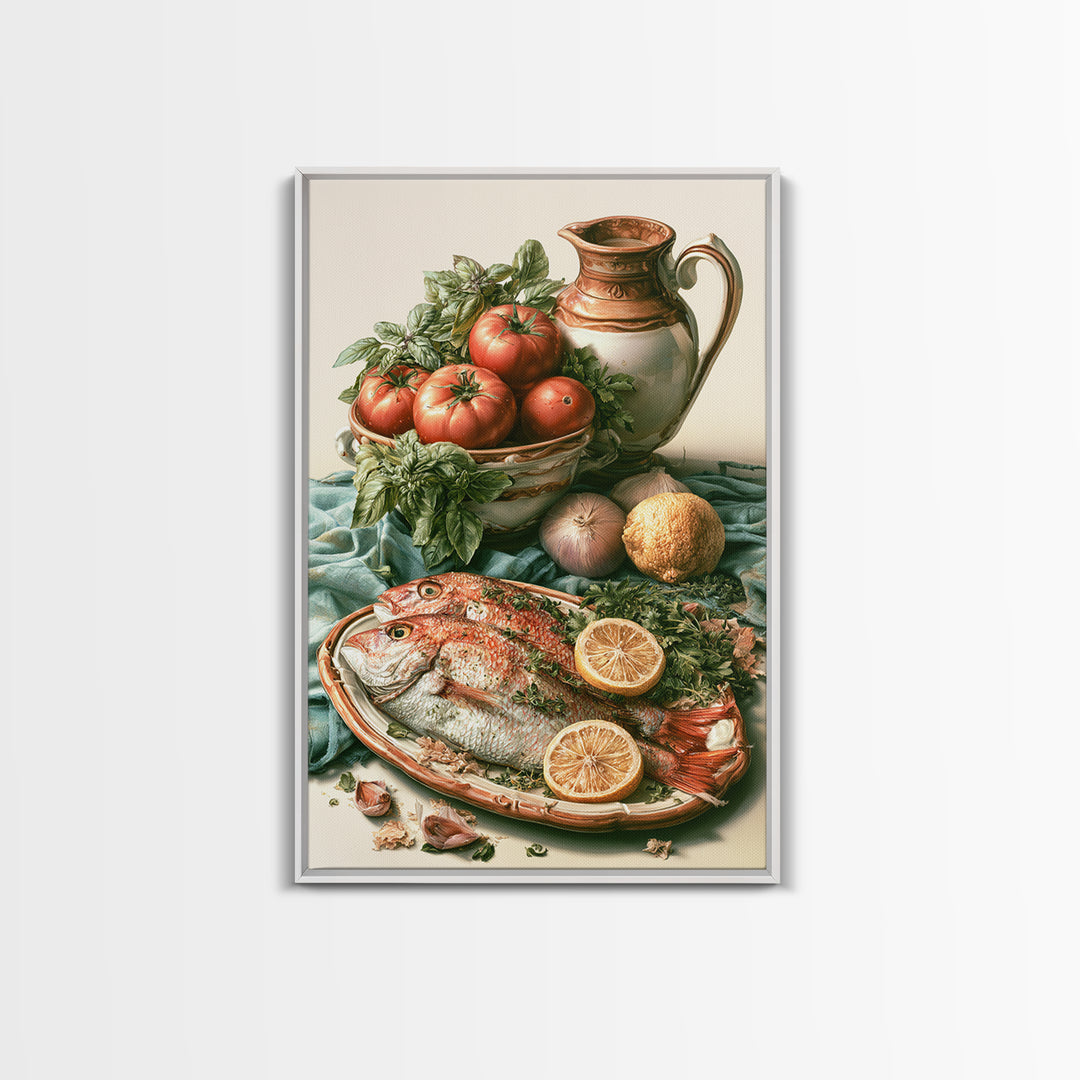Fresh Fish with Lemon and Herbs Framed Canvas Print, Restaurant Art, Large Wall Art, Restaurant Decor, Fine Art, Bistro, RES-2x3-55