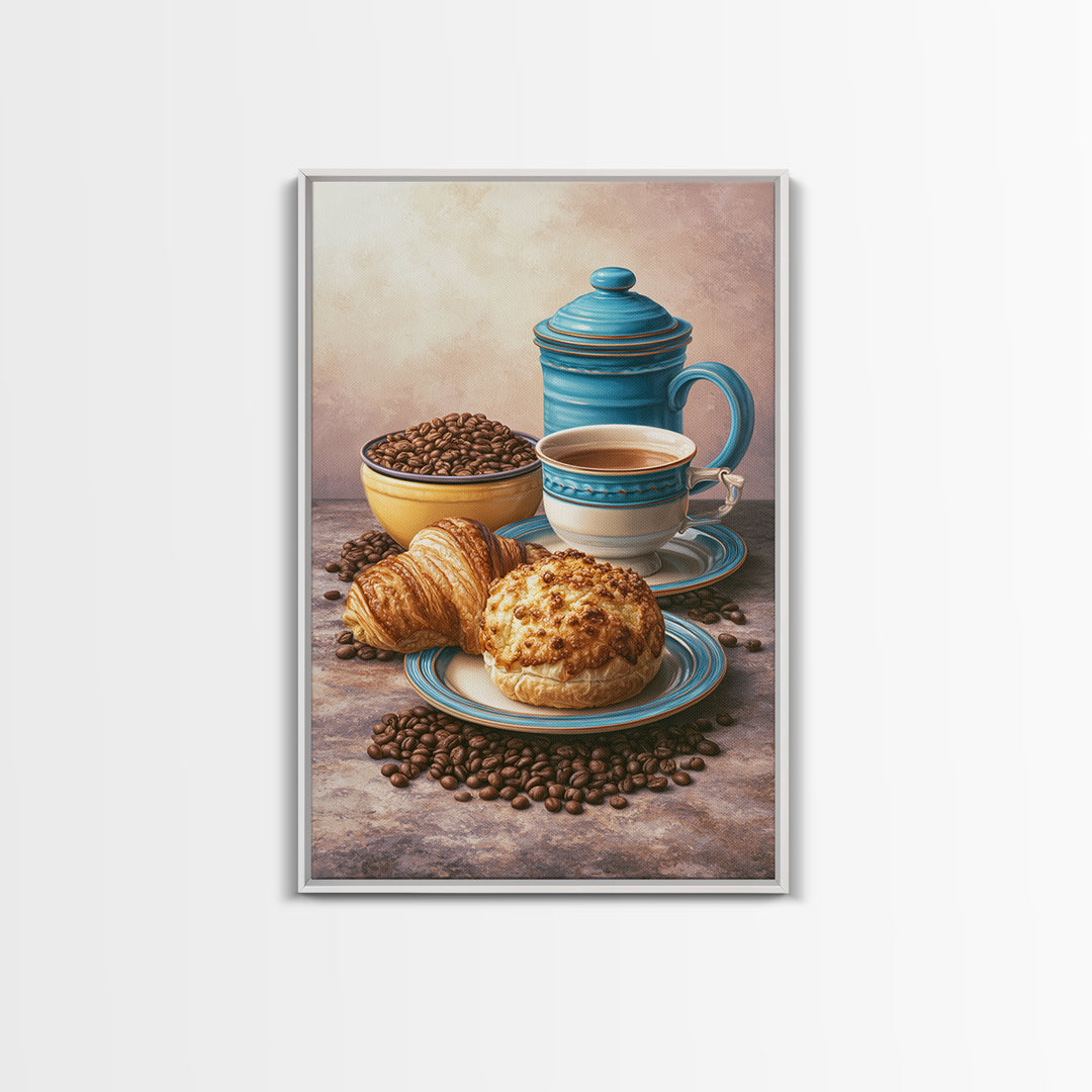 Coffee Beans and Pastry Arrangement Framed Canvas Print, Restaurant Art, Minimalist Decor, Restaurant Decor, Fine Art, Bistro, RES-2x3-6