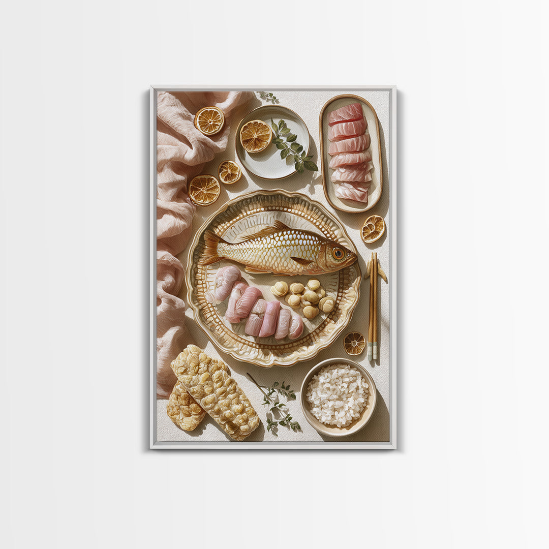 Sushi Fish and Ceramic Plate Composition Canvas Print, Restaurant Art, Kitchen Art, Restaurant Decor, Fine Art, Bistro, RES-2x3-61