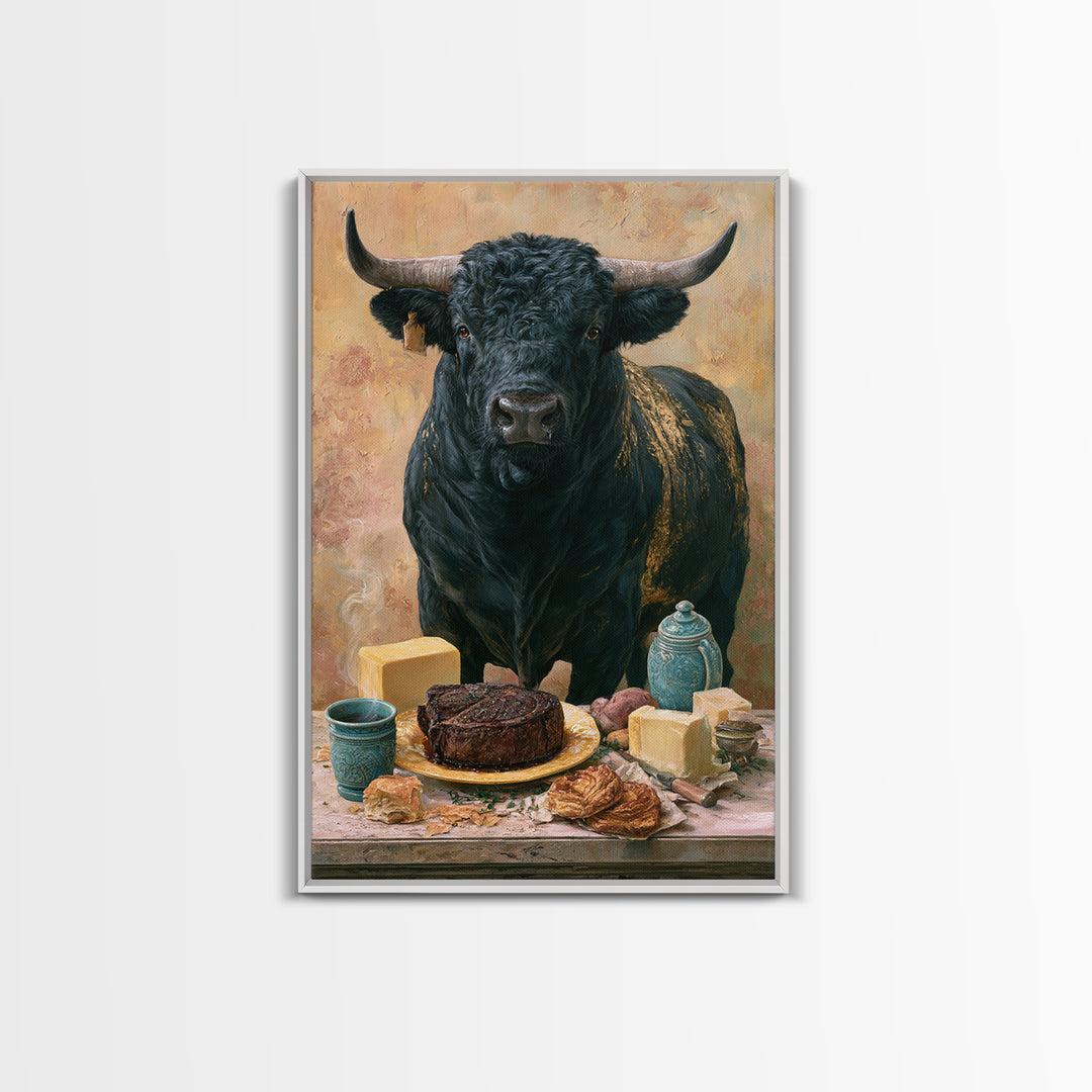 Steakhouse Black and Gold Bull Portrait Framed Canvas Print, Restaurant Art, Farmhouse Decor, Restaurant Decor, Bistro, RES-2x3-63