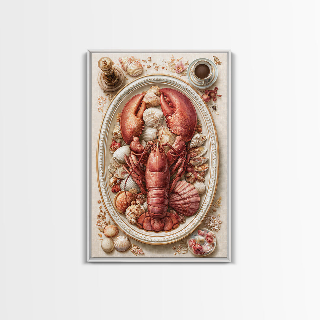 Seafood Lobster and Shell Arrangement Framed Canvas Print, Restaurant Art, Printable Wall Art, Restaurant Decor, Bistro, RES-2x3-64