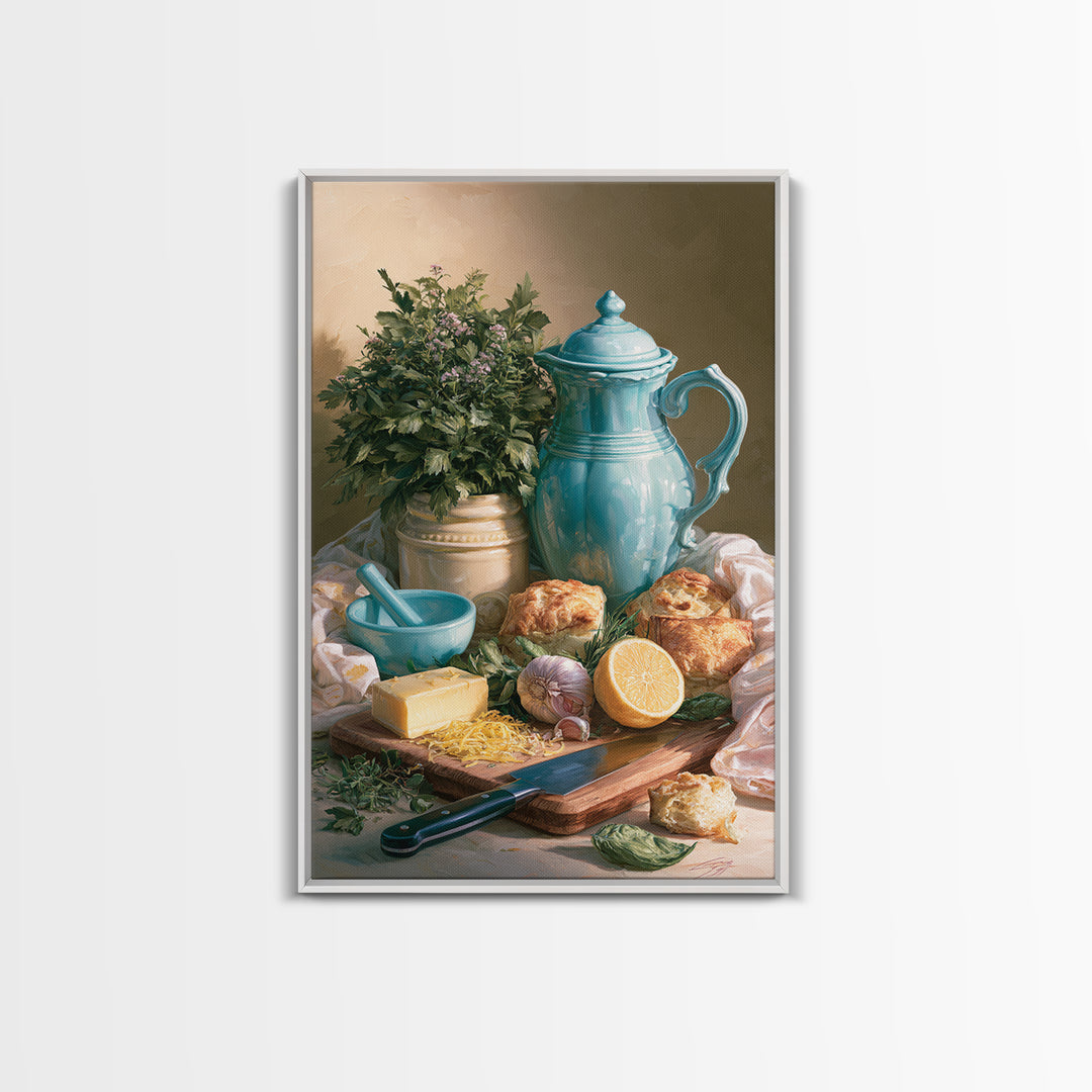 Chef Knife Herbs and Cutting Board Still Framed Canvas Print, Restaurant Art, Living Room Decor, Restaurant Decor, Bistro, RES-2x3-69