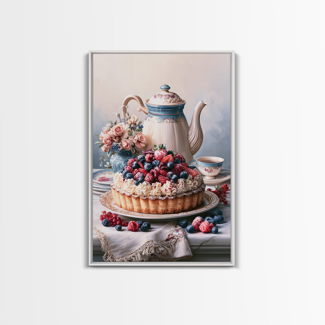 Dessert Tart with Berries and Cream Canvas Print, Restaurant Art, Wall Art Prints, Restaurant Decor, Oil Painting, Bistro, RES-2x3-72