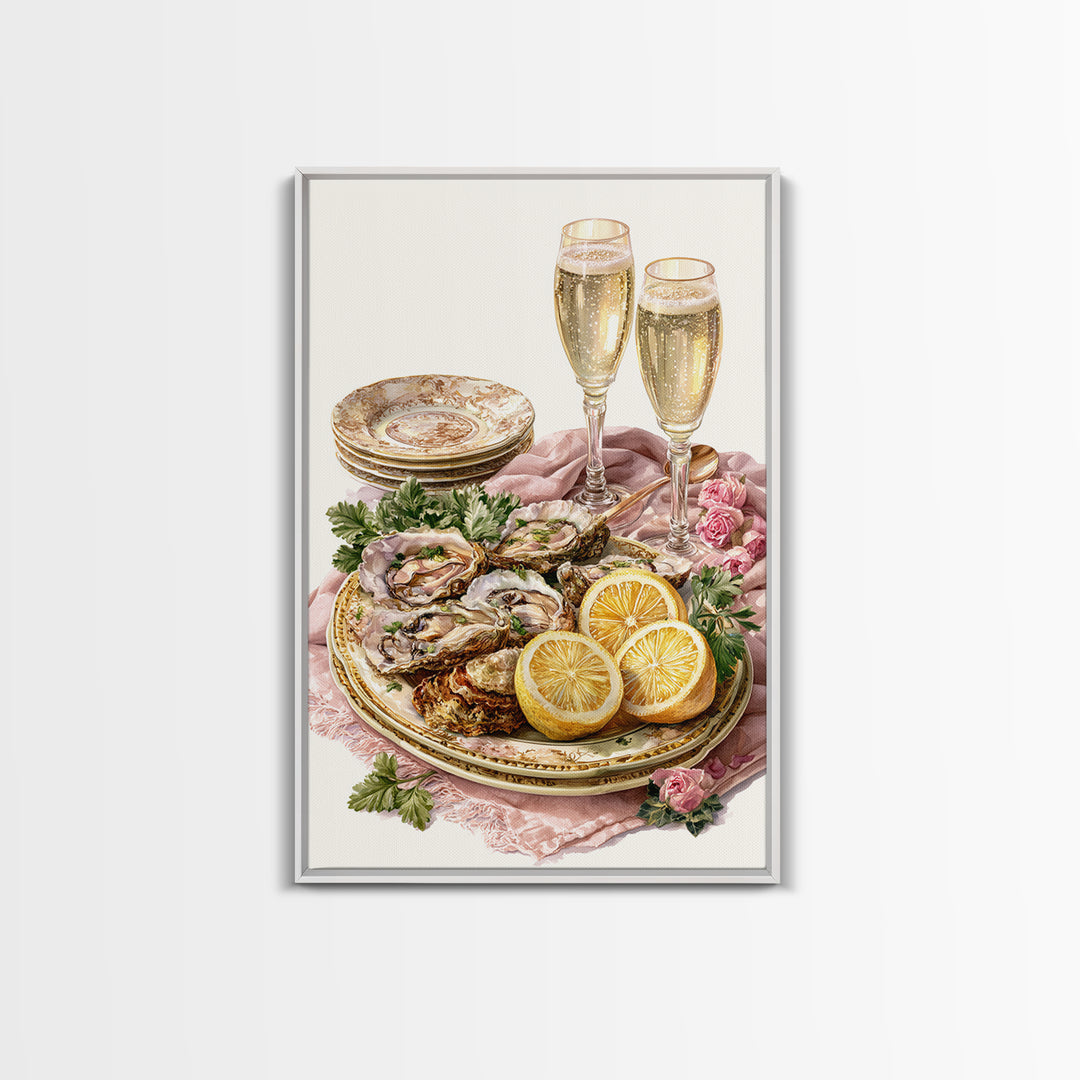 Oyster Platter with Lemons and Champagne Framed Canvas Print, Restaurant Art, Watercolor Art, Restaurant Decor, Abstract Art, RES-2x3-83
