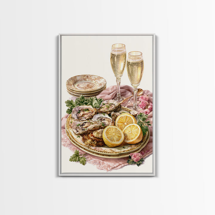 Oyster Platter with Lemons and Champagne Framed Canvas Print, Restaurant Art, Watercolor Art, Restaurant Decor, Abstract Art, RES-2x3-83