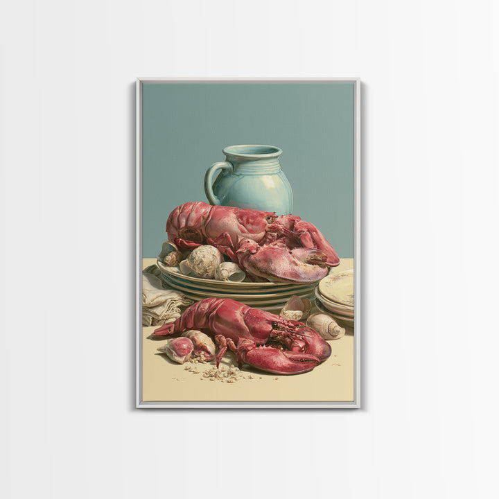 Seafood Lobster and Shell Arrangement Framed Canvas Print, Restaurant Art, Kitchen Art, Restaurant Decor, Fine Art, Bistro, RES-2x3-88