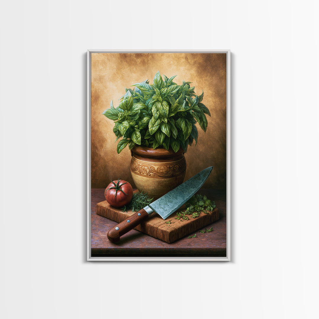 Chef Knife Herbs and Cutting Board Still Framed Canvas Print, Restaurant Art, Living Room Decor, Restaurant Decor, Bistro, RES-2x3-93