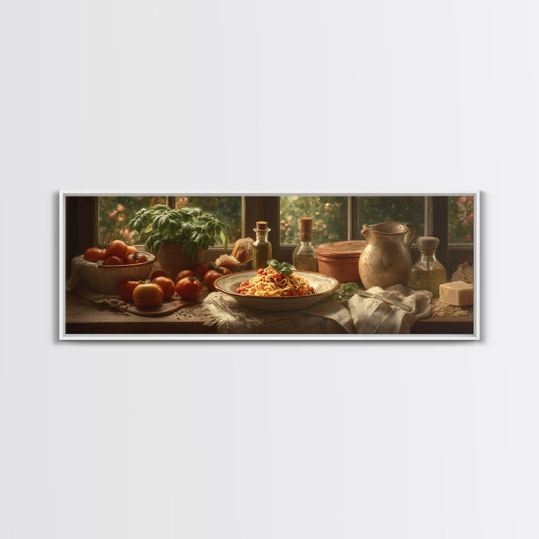 Fresh Pasta with Tomatoes and Basil Framed Canvas Print, Restaurant Art, Printable Art, Restaurant Decor, Fine Art, Bistro, RES-3x1-18